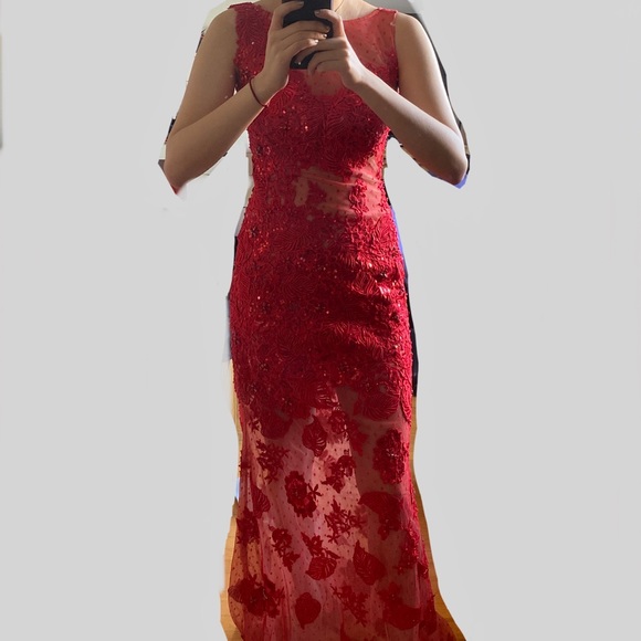 Sherri Hill 11127 Red Lace Dress - Picture 8 of 9